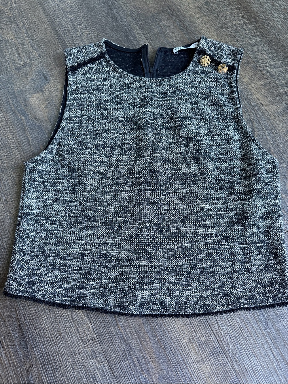 Zara Black & White Tweed-Look Sleeveless Shell Top with Gold Buttons